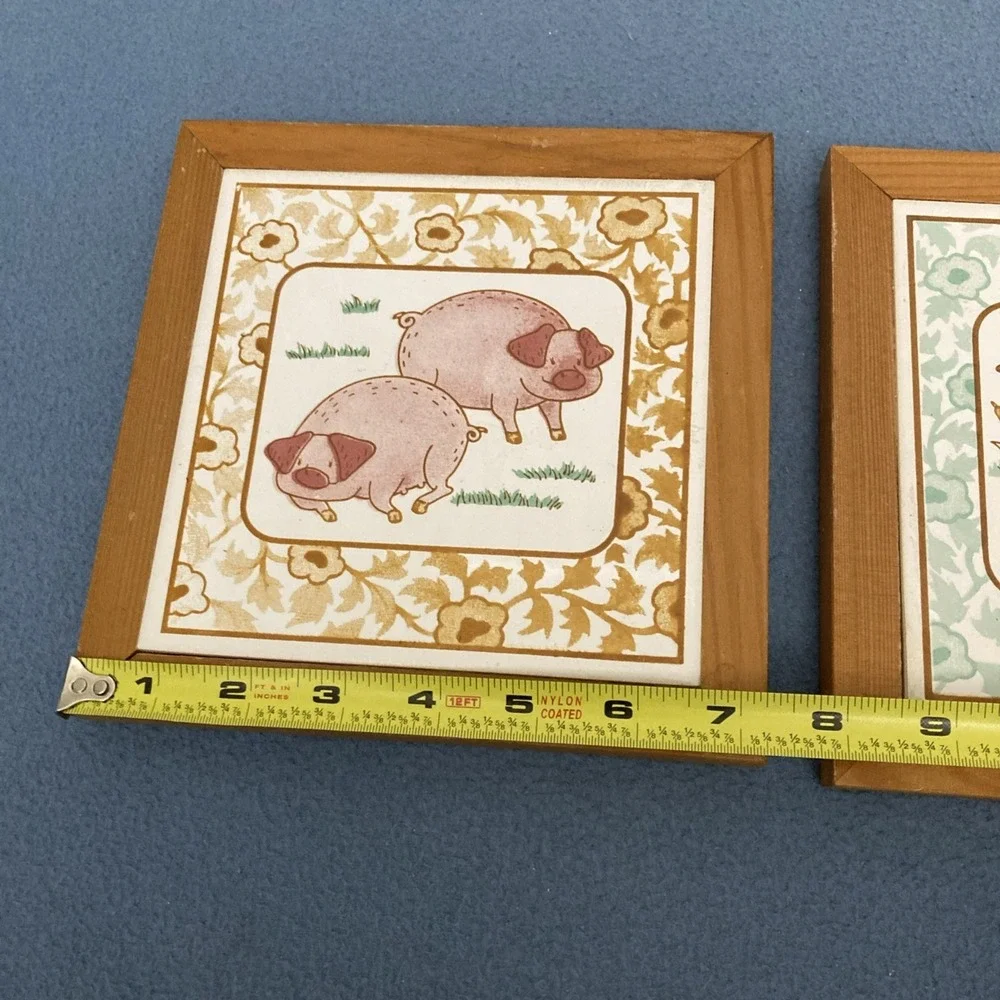 Farmhouse Decor Framed Whimsical Animal Painted Tiles - Set of 2: 1 Pigs 1 Ducks
